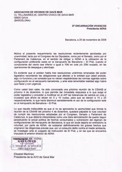 Requeriment de l'AVV de Gav&agrave; Mar a la nova Presidenta d'AENA (Encarnaci&oacute;n Vivanco) perqu&egrave; faci modificar l'AIP de l'aeroport del Prat per minimitzar l'&uacute;s de la configuraci&oacute; est (25 de novembre de 2008)